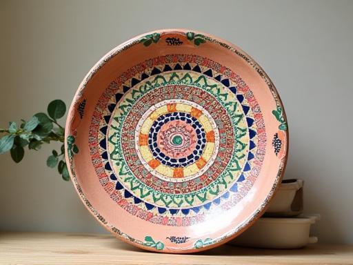 Et dekorativt fat med intrikat håndmalt mønster.