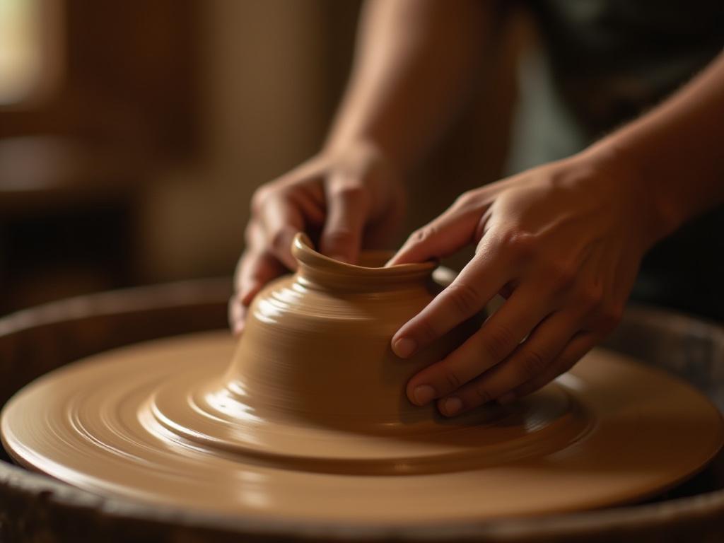 Nærbilde av hender som former leire på et pottemakerhjul.
