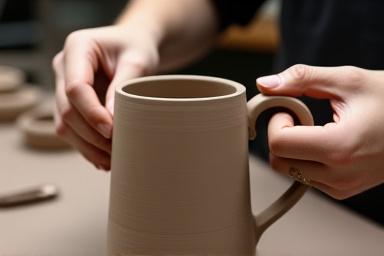 En person som fester et håndtak på en keramisk mugge.